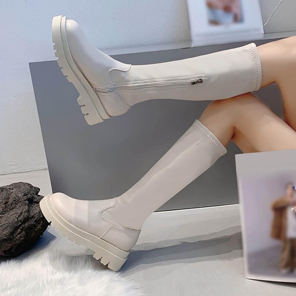 Women Faux Leather Knee High Boots in Beige size 35